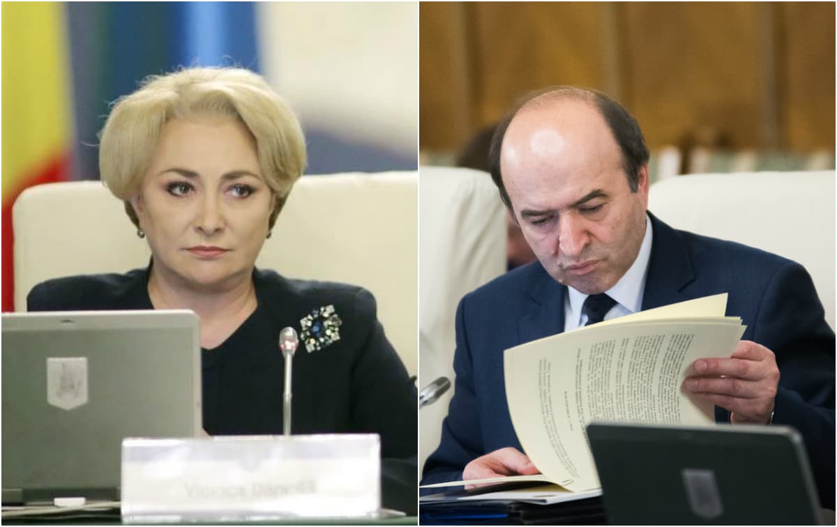 Colaj cu Viorica Dăncilă la o masă de ședință și Tudorel Toader consultând documente.